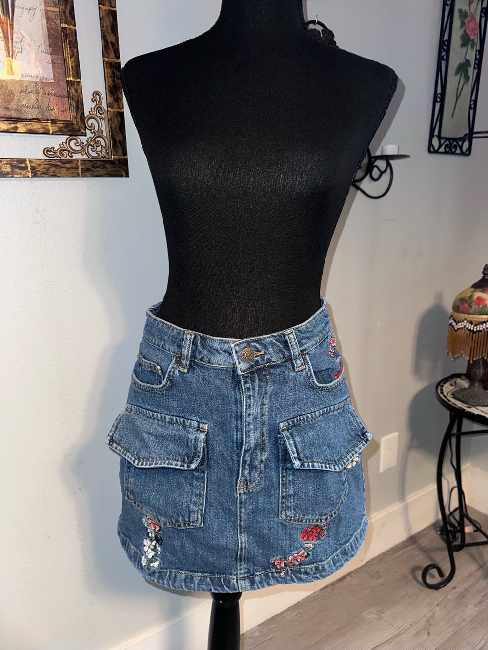 Desigual Women’s Blue Denim Floral Embroidered Mini Skirt, Cargo Pockets, Size M